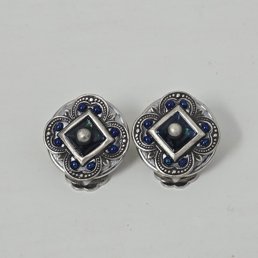 Vintage‎ MICHAL GOLAN Signed Silvertone Clip Earrings Classic Old Money Art Deco